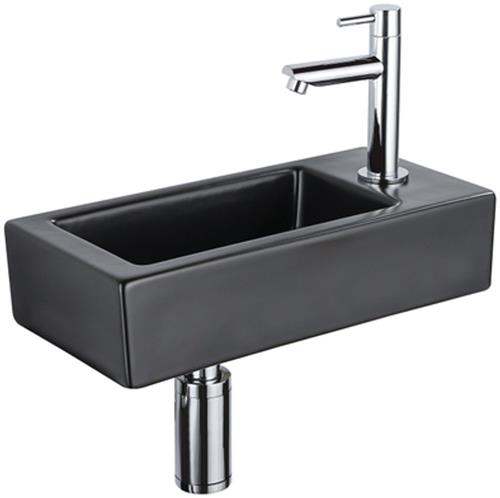 QeramiQ Fuente Fonteinset - 37.5x18.5x9cm - keramiek - kraangat rechts - fonteinkraan chroom - afvoerplug - verlaagd sifon - Mat Zwart