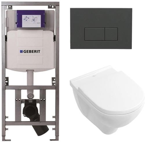 Villeroy & Boch O.novo Toiletset - Geberit inbouwreservoir - diepspoel wandcloset - softclose - bedieningsplaat bedieningsplaat antraciet mat - rechthoekige knoppen - wit