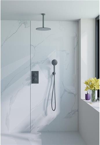 Fortifura Calvi Inbouw Regendoucheset - thermostatisch - plafondarm - 25cm hoofddouche - ronde handdouche - metalen doucheslang - geborsteld Gunmetal PVD