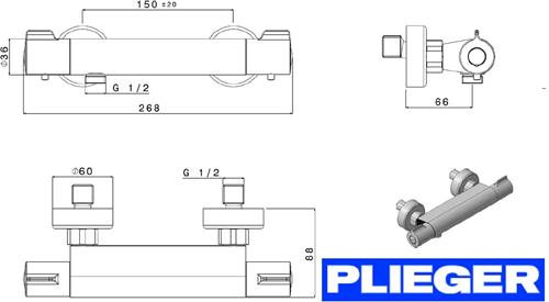 Plieger Comfort New - douchekraan thermostatisch - HOH=15cm - chroom