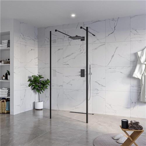 Fortifura Galeria Vrijstaande Inloopdouche - 90x200cm - Helder - antikalk - 8mm veiligheidsglas - 2 zijwanden 30cm - wandsteunen en hoekprofielen - Zwart mat
