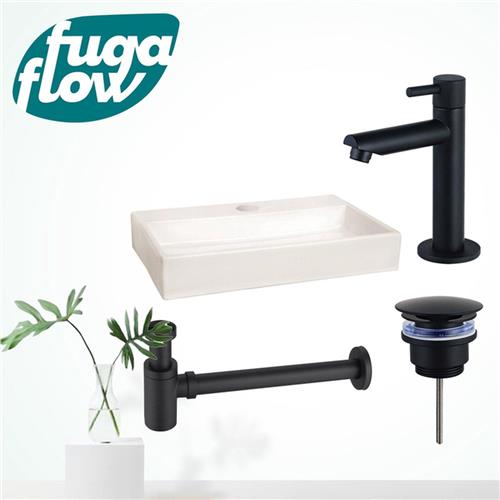 QeramiQ Fuente fonteinset - 38x24cm - 1 kraangat - keramiek - fonteinkraan zwart mat - glans wit