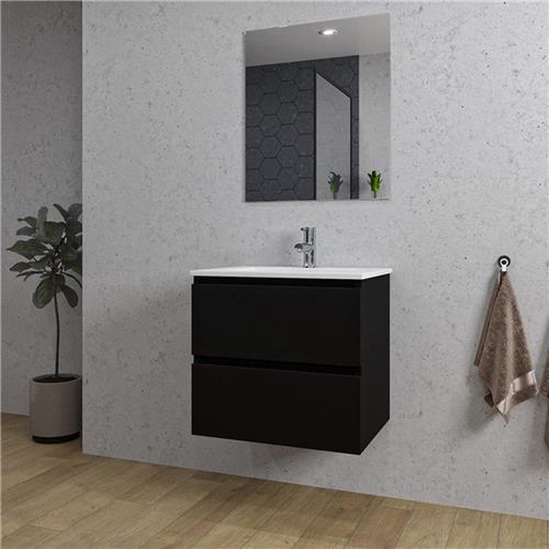 Adema Chaci Badkamermeubelset - 60x46x57cm - 1 keramische wasbak wit - 1 kraangat - 2 lades - rechthoekige spiegel - mat zwart