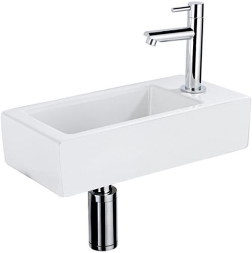 QeramiQ Fuente Fonteinset - 37.5x18.5x9cm - keramiek - kraangat rechts - fonteinkraan chroom - afvoerplug - verlaagd sifon - Mat wit