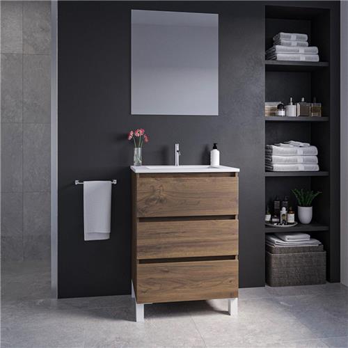 Adema Chaci PLUS Badkamermeubelset - 60x86x46cm - 1 rechthoekige keramische wasbak wit - 1 kraangat - 3 lades - rechthoekige spiegel - noten (hout)