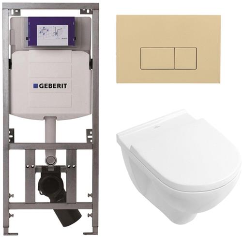 Villeroy & Boch O.novo Toiletset - Geberit inbouwreservoir - diepspoel wandcloset - softclose - bedieningsplaat beige - rechthoekige knoppen - wit