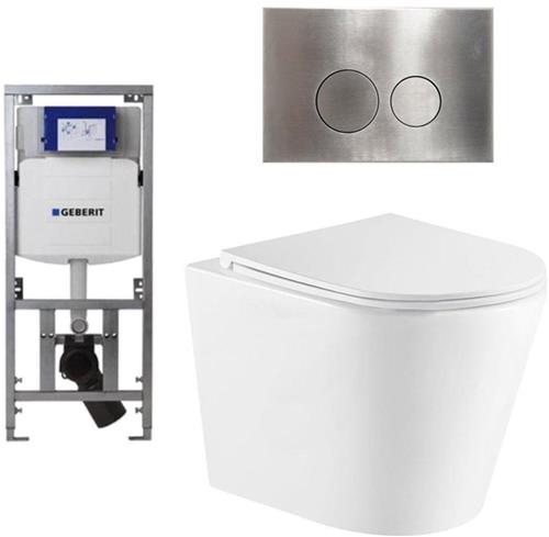 QeramiQ Dely Toiletset - 36.3x51.7cm - diepspoel - rimless - Geberit UP320 Burda inbouwreservoir - softclose toiletzitting - steel bedieningsplaat - ronde knoppen - wit glans