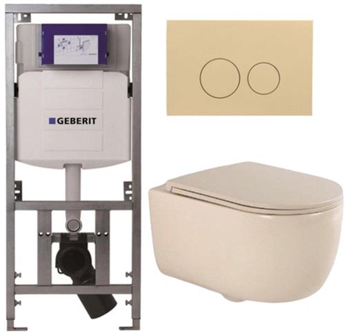 QeramiQ Dely Swirl Toiletset - 36.3x51.7cm - Geberit UP320 Burda inbouwreservoir - slim zitting - bedieningsplaat beige - ronde knoppen - beige
