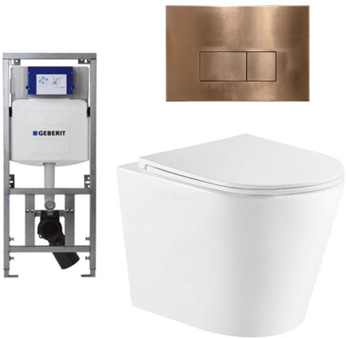 QeramiQ Dely Toiletset - 36.3x51.7cm - diepspoel - rimless - Geberit UP320 Burda inbouwreservoir - softclose toiletzitting - koperen bedieningsplaat - rechtehoekige knoppen - wit mat