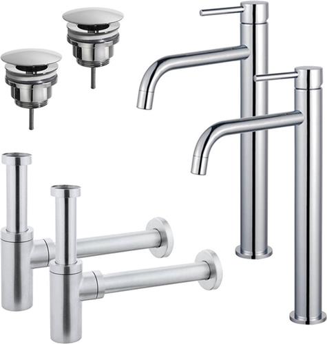 Fortifura Calvi Slim Wastafelkraanset - voor dubbele wastafel - verhoogde wastafelkraan - always open plug - design sifon - Chroom