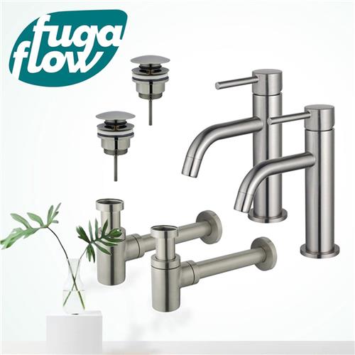 Fortifura Calvi Slim Wastafelkraanset - voor dubbele wastafel - lage wastafelkraan - klikwaste plug - verlaagde design sifon - Geborsteld RVS PVD (RVS)