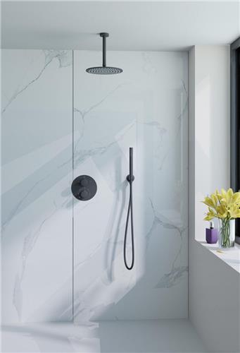 Fortifura Calvi Inbouw Regendoucheset - rond - thermostatisch - plafondarm - 25cm hoofddouche - staaf handdouche - gladde doucheslang - zwart mat