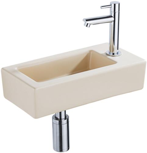 QeramiQ Fuente Fonteinset - 37.5x18.5x9cm - keramiek - kraangat rechts - fonteinkraan chroom - afvoerplug - verlaagd sifon - Mat Beige