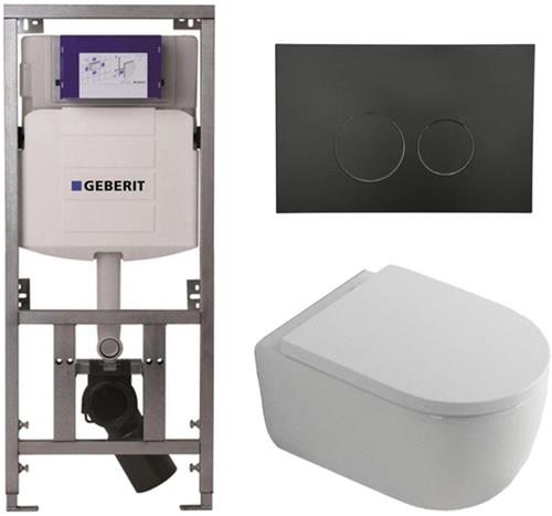 QeramiQ Dely Swirl Toiletset - 36.3x51.7cm - Geberit UP320 Burda inbouwreservoir - 35mm zitting - mat zwarte metalen bedieningsplaat - ronde knoppen - wit glans