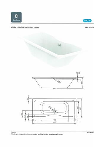 Nemo Start Monza inbouwbad duo 180x80x44mm 208L met potenstel wit acryl