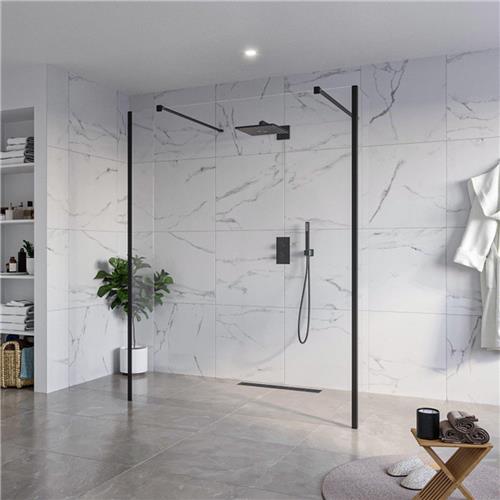 Fortifura Galeria Vrijstaande Inloopdouche - 160x200cm - Helder - antikalk - 8mm veiligheidsglas - 2 zijwanden 40cm - wandsteunen en hoekprofielen - Zwart mat