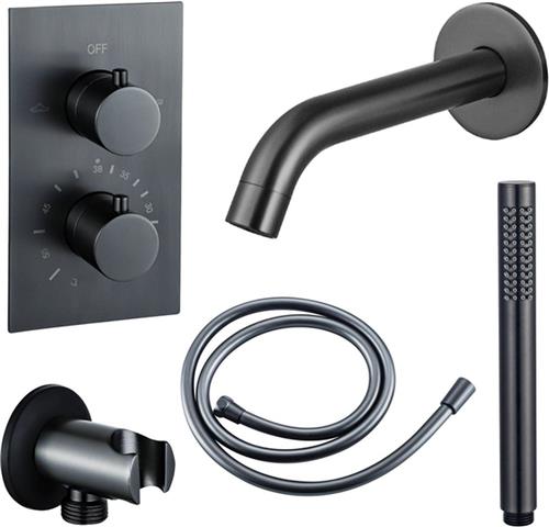 Fortifura Calvi Badkraan set - uitloop - 22cm inkortbaar - gladde slang - staafhanddouche - inbouwdeel - wandhouder - geborsteld gunmetal PVD