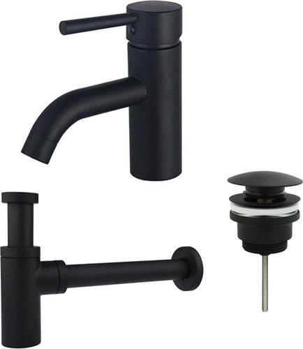 Fortifura Calvi Wastafelkraanset - lage wastafelkraan - klikwaste plug - design sifon - Mat zwart