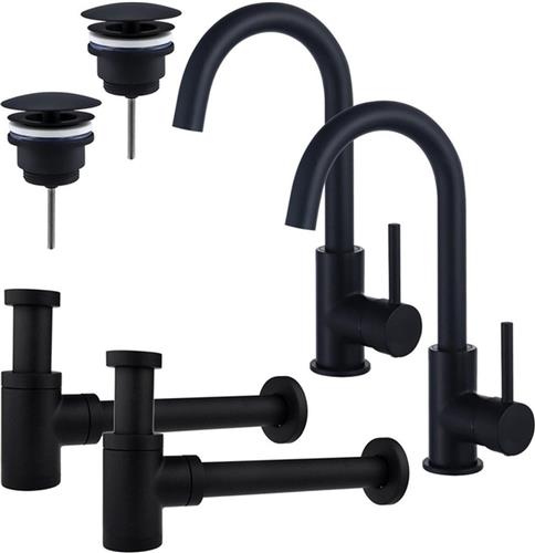 Fortifura Calvi Wastafelkraanset - voor dubbele wastafel - hoge wastafelkraan - draaibare uitloop - always open plug - verlaagde design sifon - Mat zwart