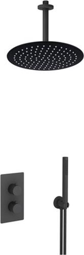 Fortifura Calvi Inbouw Regendoucheset - thermostatisch - plafondarm - 25cm hoofddouche - staaf handdouche - gladde doucheslang - mat zwart
