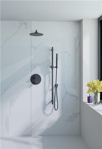 Fortifura Calvi Inbouw Regendoucheset - rond - thermostatisch - wandarm - glijstang - 25cm hoofddouche - staaf handdouche - gladde doucheslang - mat zwart