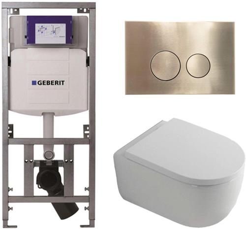 QeramiQ Dely Swirl Toiletset - 36.3x51.7cm - diepspoel - rimless - Geberit UP320 Burda inbouwreservoir - 35mm zitting - geborsteld messing bedieningsplaat - ronde knoppen - wit mat