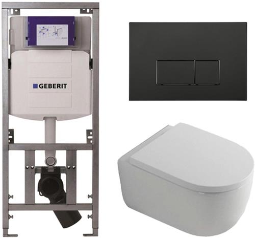 QeramiQ Dely Swirl Toiletset - 36.3x51.7cm - Geberit UP320 Burda inbouwreservoir - 35mm zitting - mat zwarte metalen bedieningsplaat - rechthoekige knoppen - wit glans