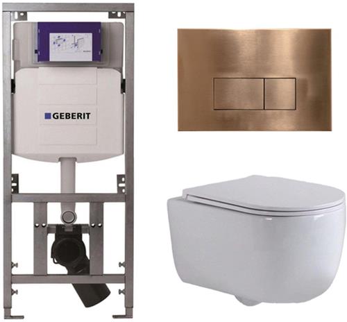 QeramiQ Dely Swirl Toiletset - 36.3x51.7cm - Geberit UP320 Burda inbouwreservoir - slim zitting - koperen bedieningsplaat - rechthoekige knoppen - wit glans