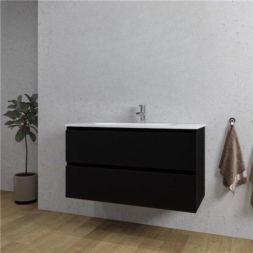 Adema Chaci Badkamermeubelset - 100x46x57cm - 1 ovale keramische wasbak wit - 1 kraangat - 2 lades - mat zwart