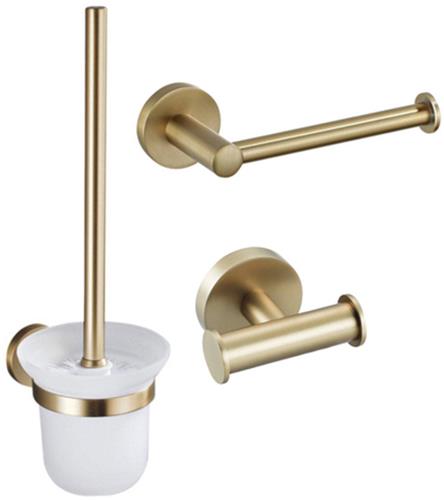 Fortifura Calvi Toiletset 3-delig - toiletrolhouder zonder klep - toiletborstel - handdoekhaak dubbel rond - Geborsteld Messing PVD (Goud)
