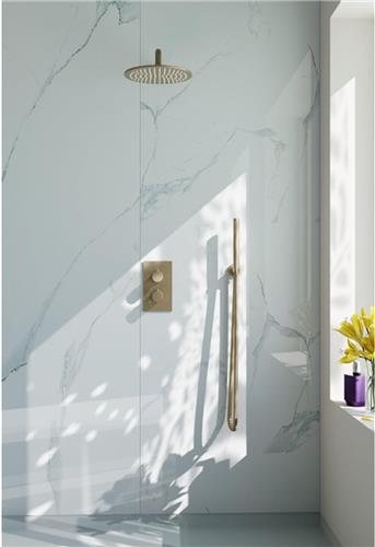 Fortifura Calvi Inbouw Regendoucheset - thermostatisch - wandarm - 30cm hoofddouche - staaf handdouche - gladde doucheslang - Geborsteld Messing PVD (Goud)