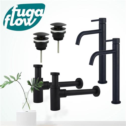 Fortifura Calvi Slim Wastafelkraanset - voor dubbele wastafel - verhoogde wastafelkraan - klikwaste plug - design sifon - Mat zwart
