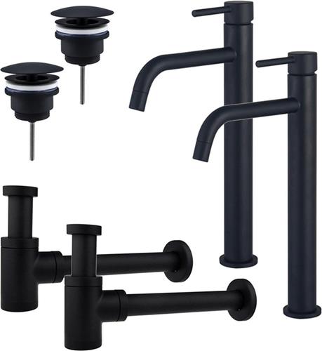 Fortifura Calvi Slim Wastafelkraanset - voor dubbele wastafel - verhoogde wastafelkraan - always open plug - verlaagde design sifon - Mat zwart