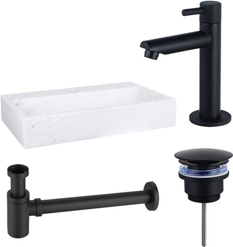 Fortifura Fuente fonteinset - 38x24cm - 1 kraangat - marmer - fonteinkraan zwart mat - wit