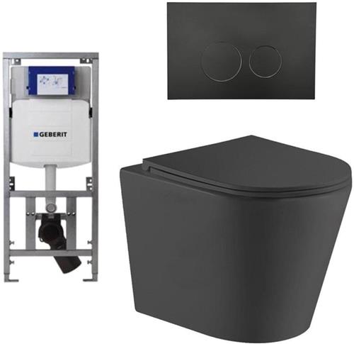 QeramiQ Dely Toiletset - 36.3x51.7cm - diepspoel - rimless - Geberit UP320 Burda inbouwreservoir - softclose toiletzitting - mat zwarte bedieningsplaat - ronde knoppen - zwart mat