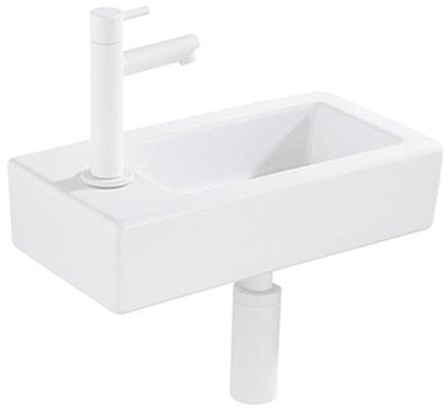 QeramiQ Fuente Fonteinset - 37.5x18.5x9cm - keramiek - kraangat links - fonteinkraan zwart mat - afvoerplug - verlaagd sifon - Glans wit