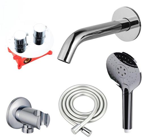 Fortifura Calvi Badkraan set - uitloop - 22cm inkortbaar - rond bedieningspaneel - gladde slang - ronde handdouche - inbouwdeel - wandhouder - chroom