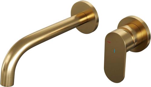 Wastafelmengkraan Inbouw Brauer Gold Edition met Ronde Rozetten en Gebogen Uitloop Dunne Brede Hendel Geborsteld Goud