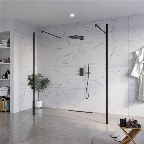 Fortifura Galeria Vrijstaande Inloopdouche - 180x200cm - Helder - antikalk - 8mm veiligheidsglas - 2 zijwanden 40cm - wandsteunen en hoekprofielen - Zwart mat