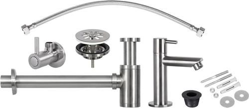Differnz Fontein Installatie Set - Wastafelinstallatie Set - Koudwaterkraan, Hoekstopkraan, Sifon, Afvoerplug - Mat Chroom