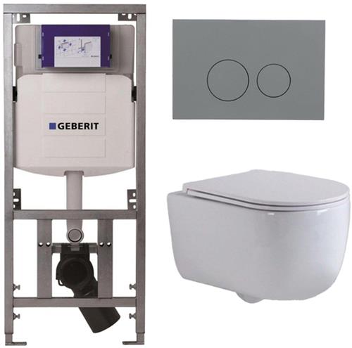 QeramiQ Dely Swirl Toiletset - 36.3x51.7cm - Geberit UP320 Burda inbouwreservoir - slim zitting - bedieningsplaat licht grijs - ronde knoppen - wit glans