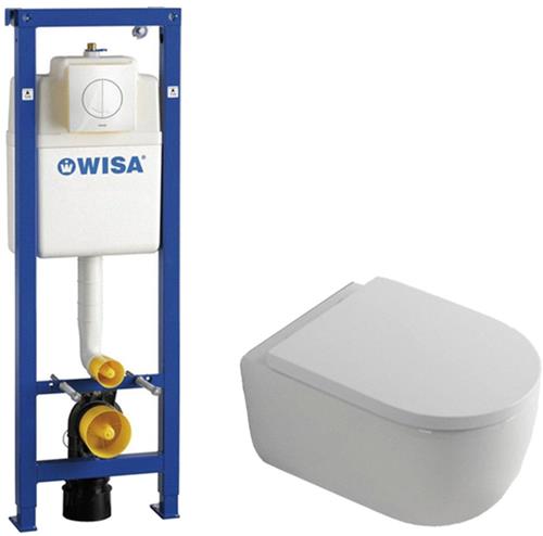 QeramiQ Dely Swirl Toiletset - 36.5x53cm - Wisa XS inbouwreservoir - 35mm zitting - witte bedieningsplaat - ronde knoppen - glans wit