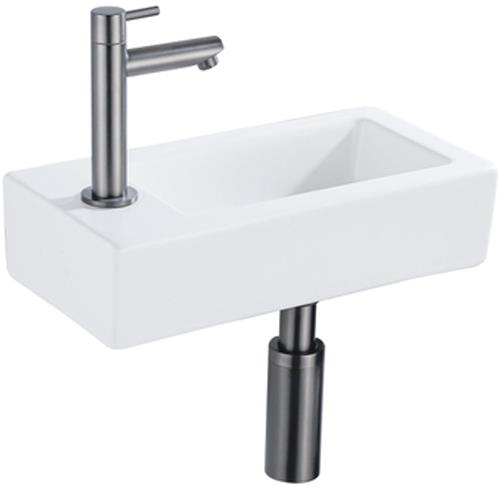 QeramiQ Fuente Fonteinset - 37.5x18.5x9cm - keramiek - kraangat links - fonteinkraan gunmetal - afvoerplug - verlaagd sifon - Mat wit