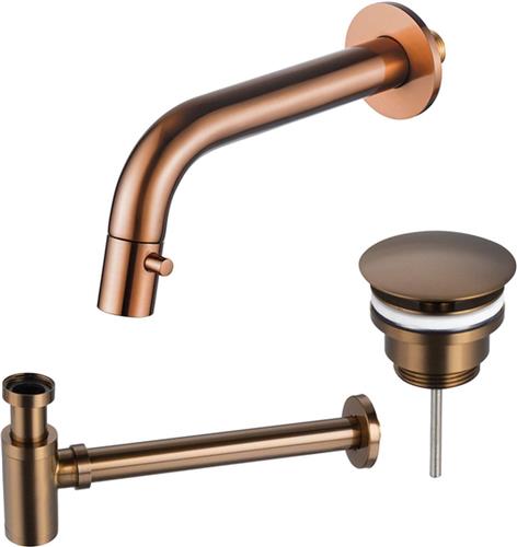 Fortifura Calvi Fonteinkraanset - inbouw - uitloop 18cm - inkortbaar - sifon - always open plug - Geborsteld koper PVD (Koper)