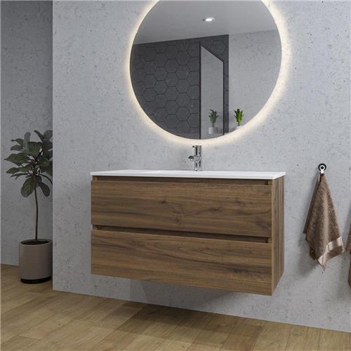 Adema Chaci Badkamermeubelset - 100x46x57cm - 1 keramische wasbak wit - 1 kraangat - 2 lades - ronde spiegel met verlichting - noten (hout)