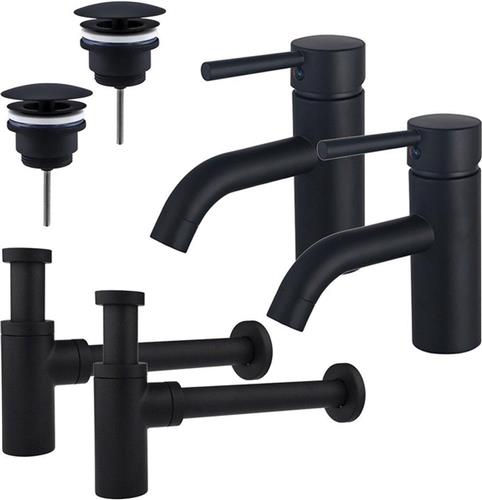 Fortifura Calvi Wastafelkraanset - voor dubbele wastafel - lage wastafelkraan - always open plug - design sifon - Mat zwart