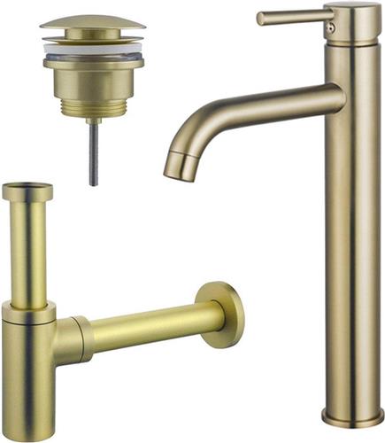Fortifura Calvi Wastafelkraanset - verhoogde wastafelkraan - klikwaste plug - design sifon - Geborsteld Messing PVD (Goud)