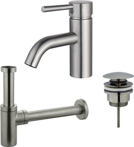 Fortifura Calvi Wastafelkraanset - lage wastafelkraan - klikwaste plug - design sifon - Geborsteld RVS PVD (RVS)