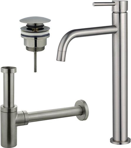 Fortifura Calvi Slim Wastafelkraanset - verhoogde wastafelkraan - klikwaste plug - design sifon - Geborsteld RVS PVD (RVS)