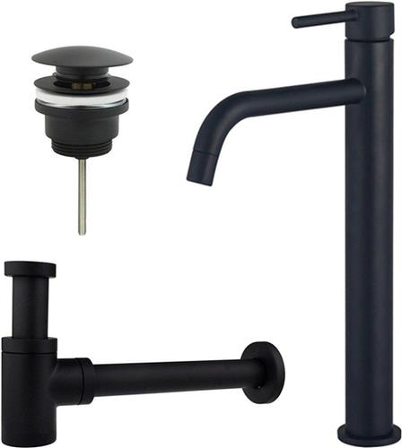 Fortifura Calvi Slim Wastafelkraanset - verhoogde wastafelkraan - klikwaste plug - verlaagde design sifon - Mat zwart